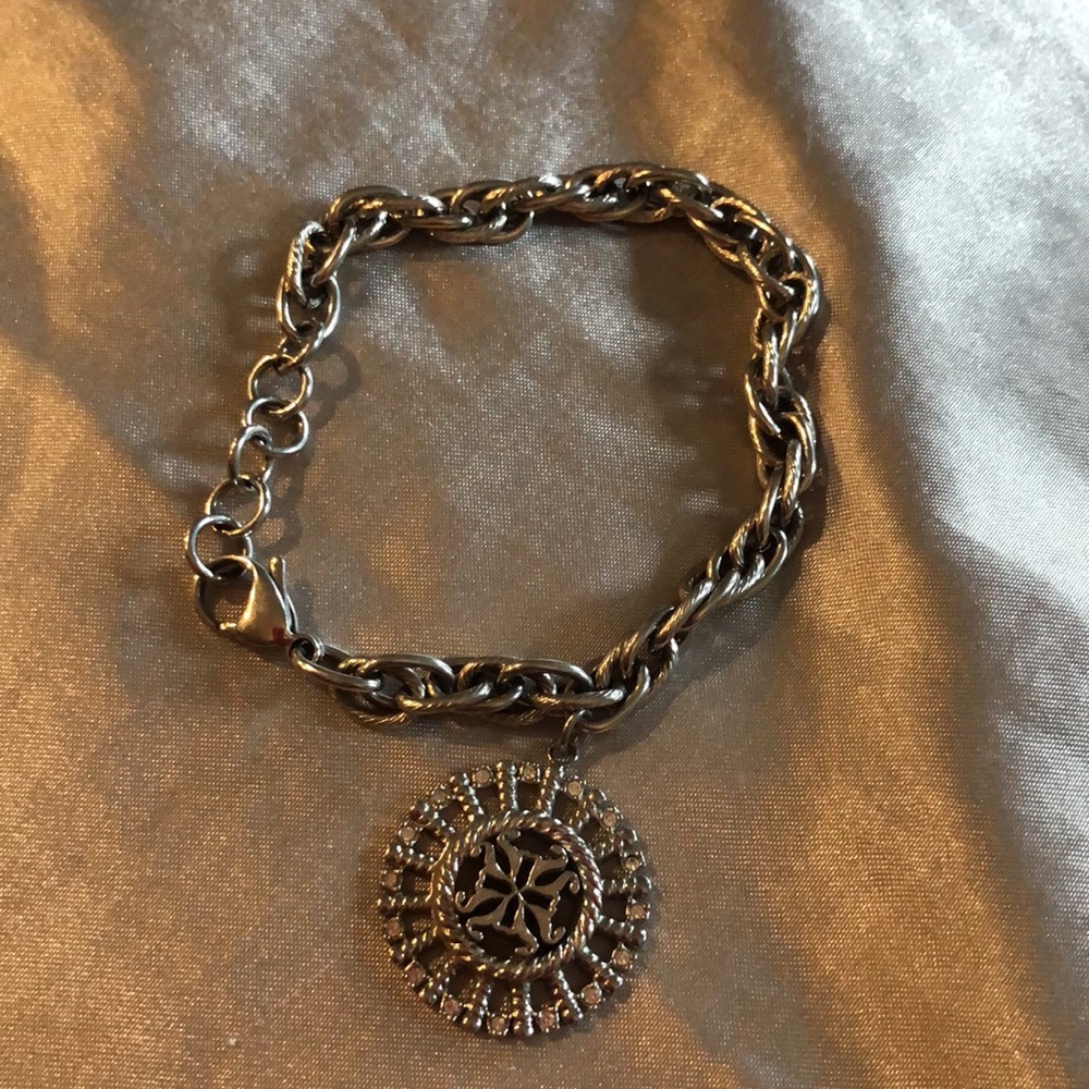 Rustic Cuff Silvertone Bracelet With Crystal Stud… - image 2